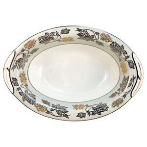 Noritake China Silvine 5487 Large Serving Platter Green Gold Flowers Silver Trim
